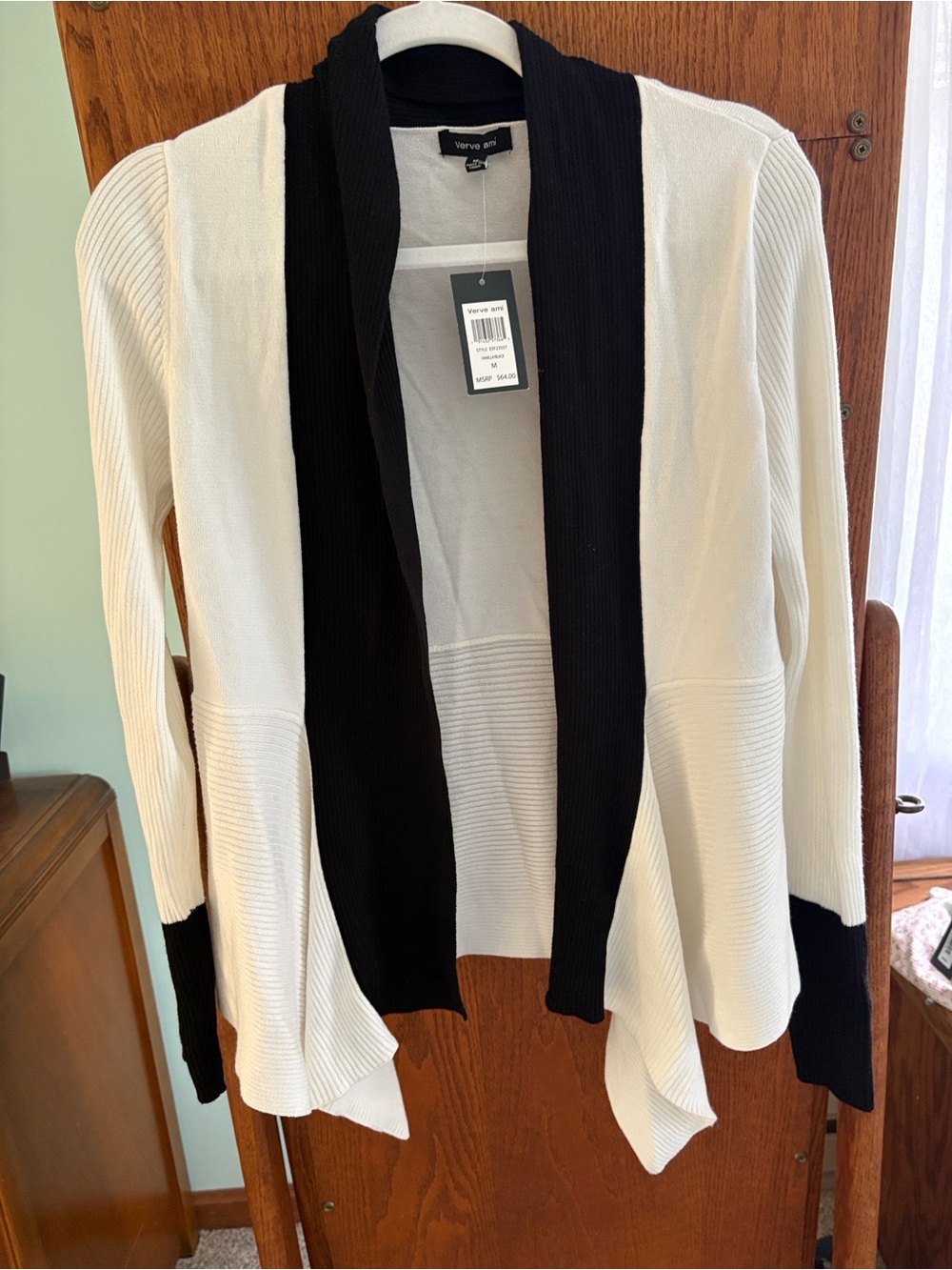 Verve Ami Black & Cream Open Front Draped Cardigan